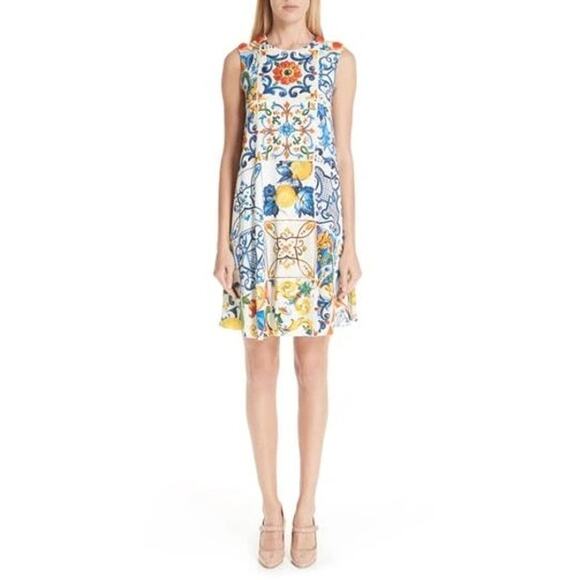 Dolce & Gabbana Majolica Print A-Line Silk Dress Womens Size EU 46 US 10 White - Picture 5 of 15